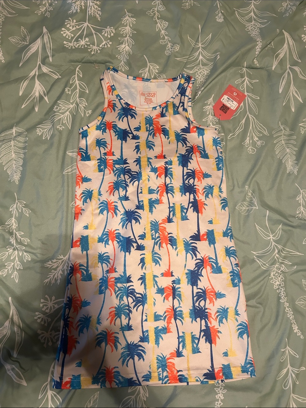 Tropical Palm Print Tank Dress - White with Blue, Orange & Yellow Palms